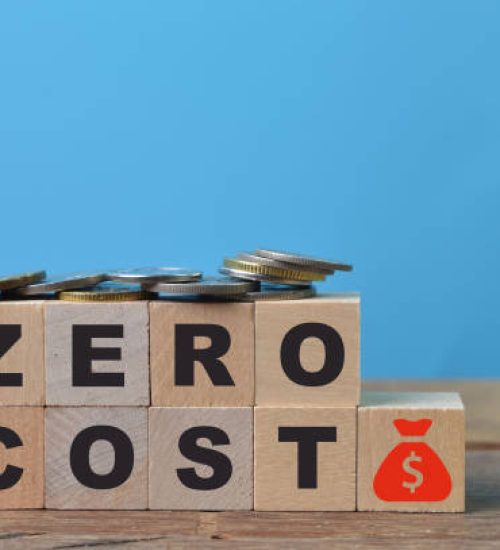 Coins, money symbol and wooden blocks with text ZERO COST
